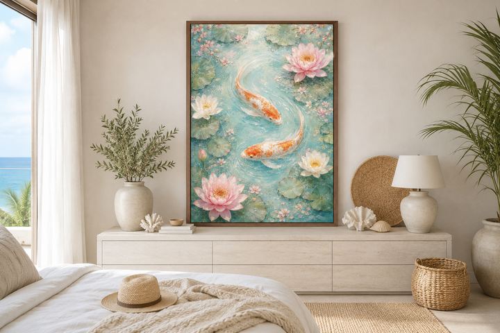 Vertical canvas wall art of koi fish and pink water lilies in a serene pond, framed in dark wood.