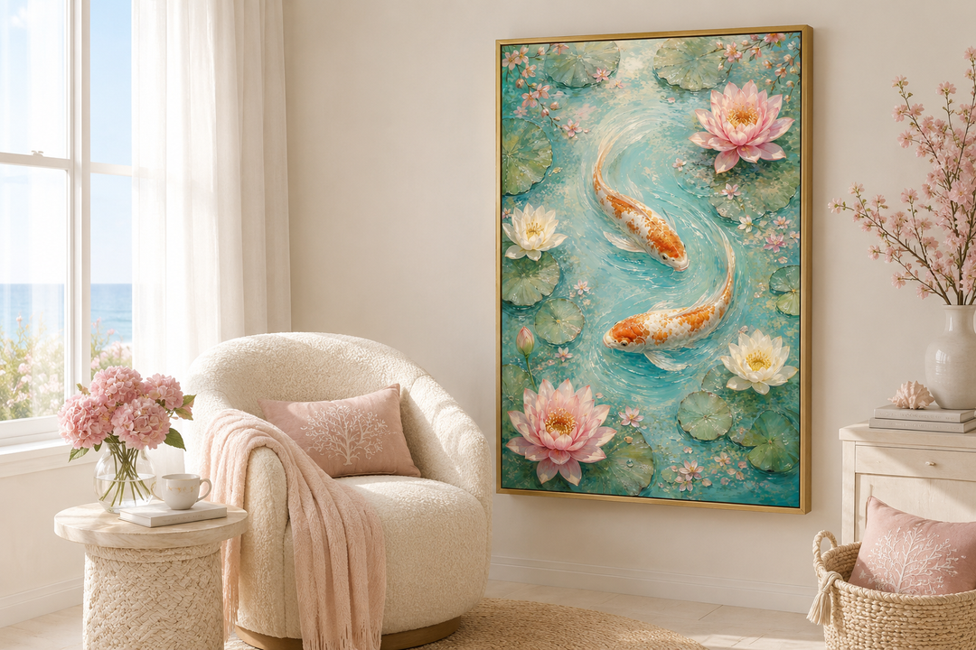 Vertical canvas wall art of orange koi fish swimming among pink and white water lilies in a pond.
