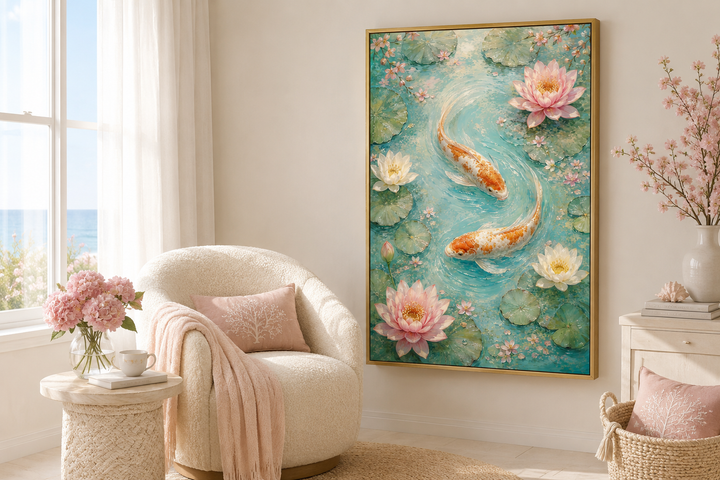 Vertical canvas wall art of orange koi fish swimming among pink and white water lilies in a pond.