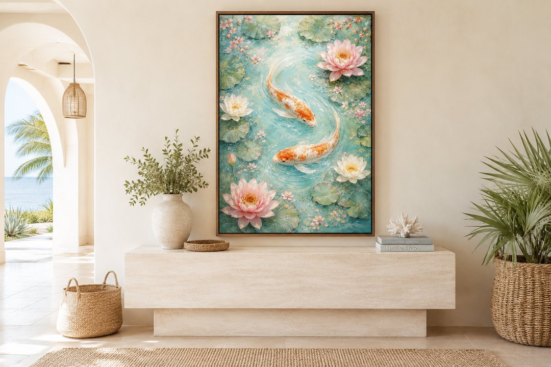Vertical canvas wall art of orange koi fish and pink water lilies in a serene teal pond.