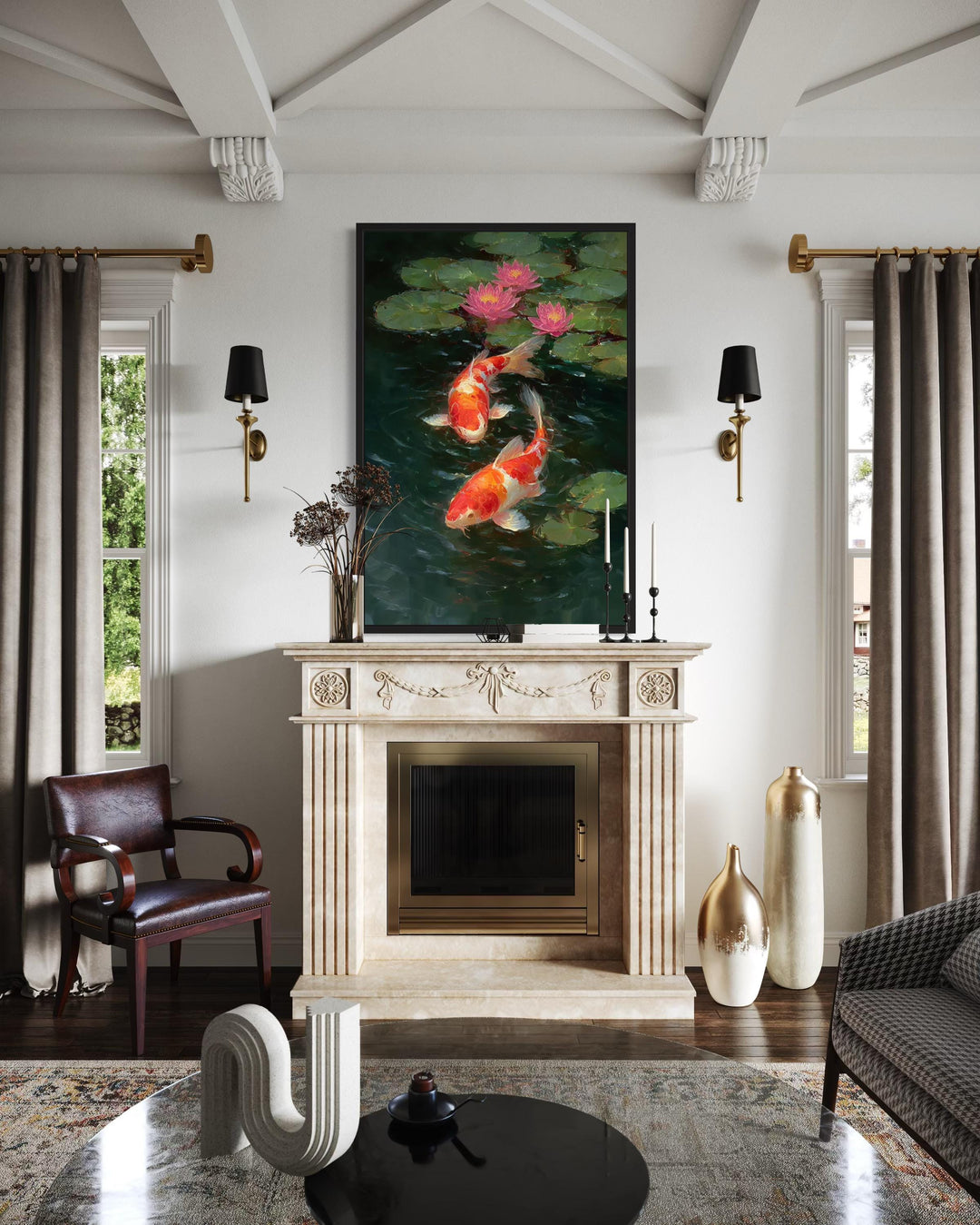 Koi Fish and Water Lilies Vertical Canvas Wall Art