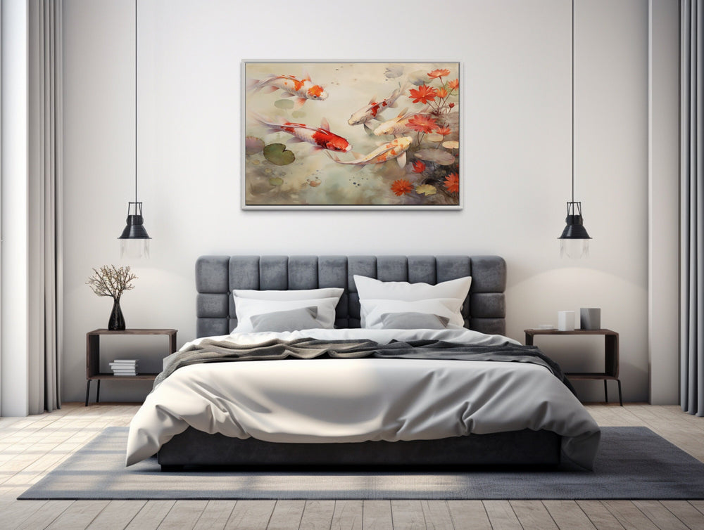 Koi Fish in Sage Green Pond Zen Wall Art abov grey bed