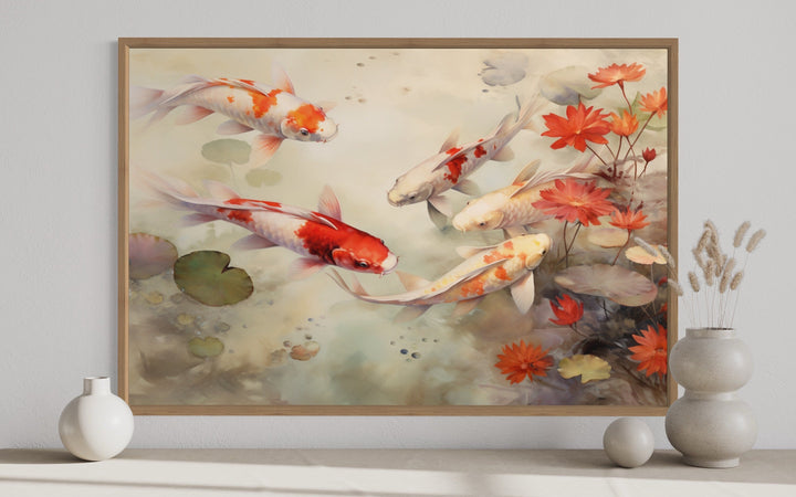 Koi Fish in Sage Green Pond Zen Framed Canvas Wall Art