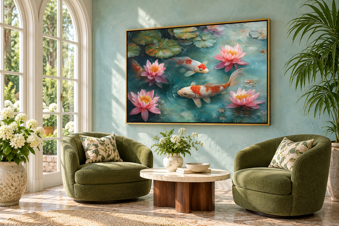 Japanese koi fish watercolor painting canvas art in a gold frame above green armchairs.