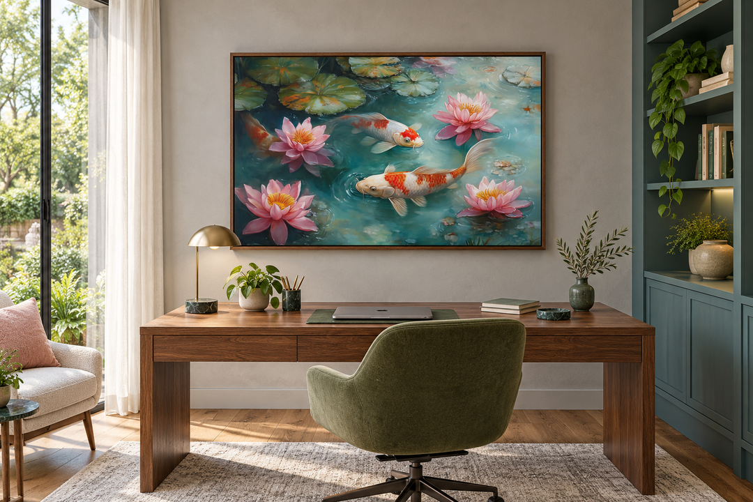 Japanese koi fish watercolor painting canvas art above a walnut desk in a serene home office.