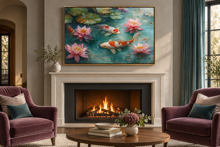 Japanese koi fish watercolor painting canvas art above a fireplace in a cozy living room.