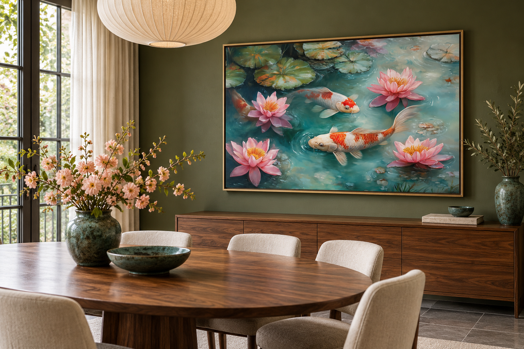 Elegant Japanese koi fish watercolor painting on canvas in a gold frame over a dining room sideboard