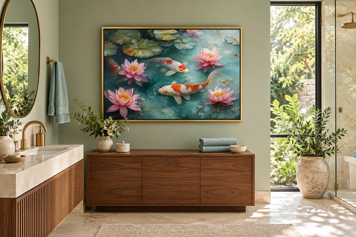 Japanese koi fish watercolor canvas art in a gold frame above a wooden bathroom vanity.