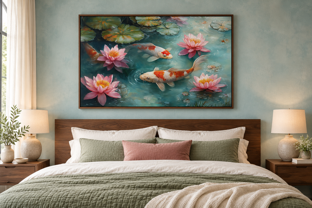 Japanese koi fish watercolor canvas art above a bed with pink lotus flowers and teal water.