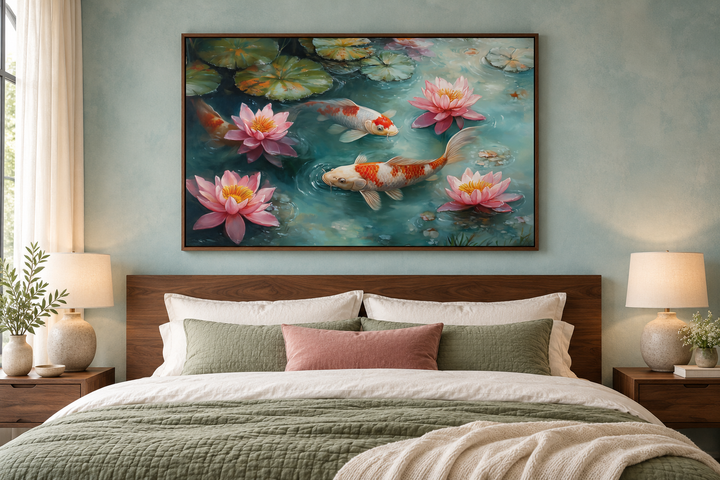 Japanese koi fish watercolor canvas art above a bed with pink lotus flowers and teal water.