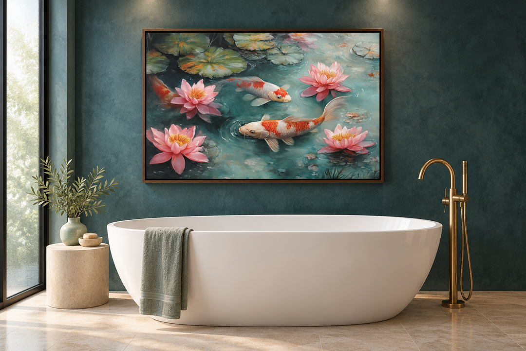 Japanese koi fish watercolor painting canvas art above a white bathtub in a teal bathroom.