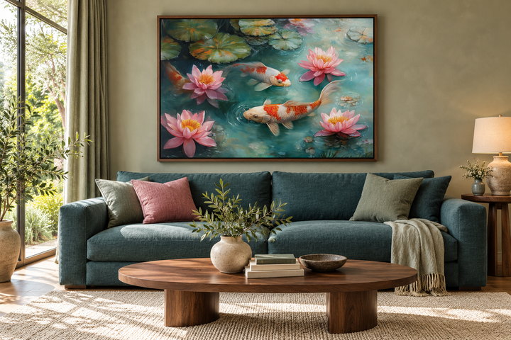 Elegant Japanese koi fish watercolor painting canvas art above a teal sofa in a modern living room.