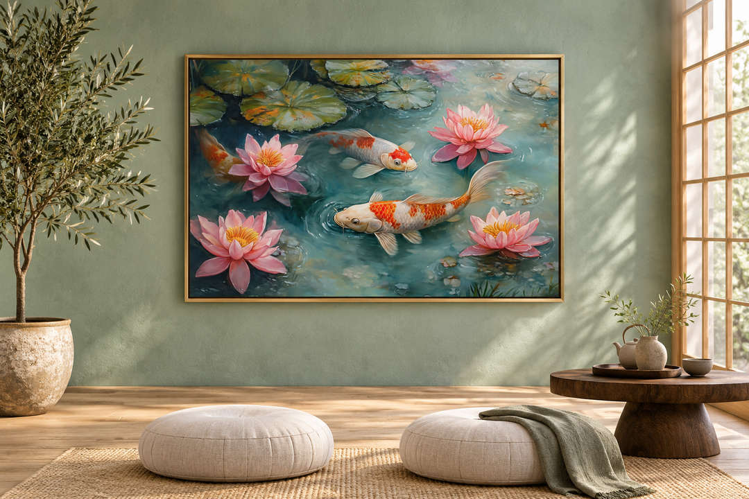 Japanese koi fish watercolor painting on canvas in a gold frame, hanging in a Zen meditation room.