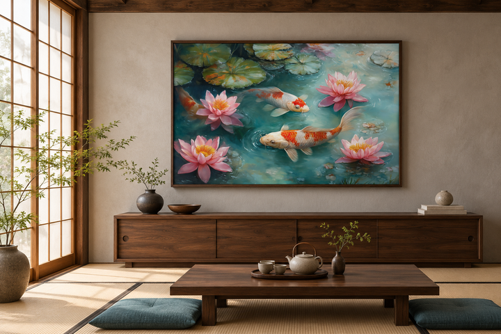 Japanese koi fish watercolor canvas art above a wooden console in a minimalist Zen-style room.