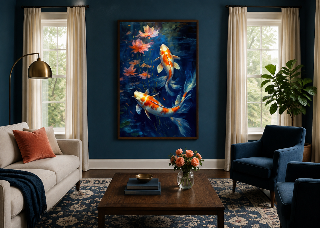 Framed canvas wall art of koi fish swimming in navy blue water with pink lotus flowers.