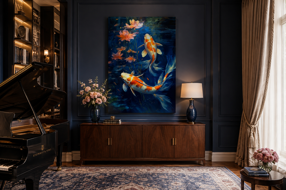 Koi fish in navy blue water feng shui framed canvas wall art hanging above a wooden sideboard.