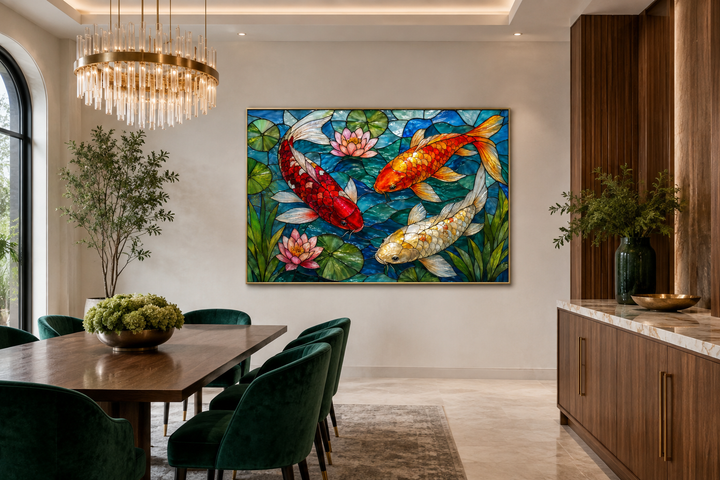 Koi fish in stained glass style framed canvas wall art hanging in a modern dining room.