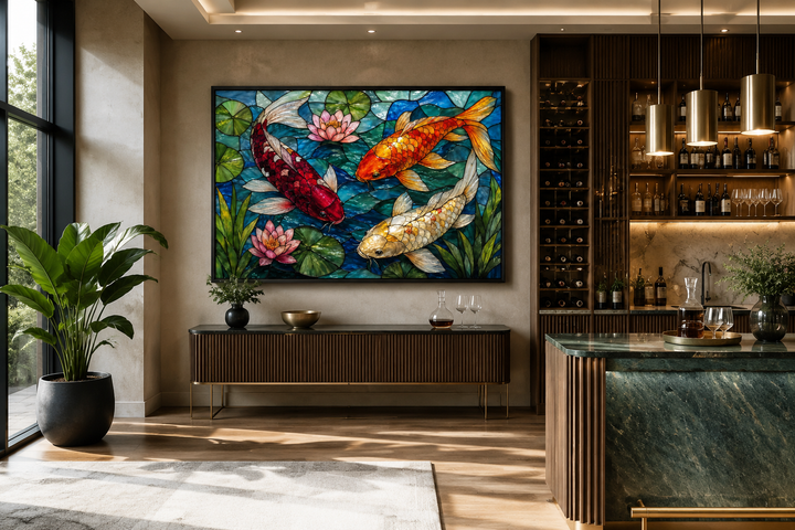 Koi fish in stained glass style framed canvas wall art displayed in a modern living room.
