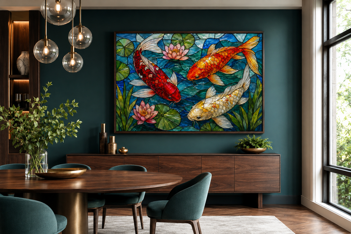 Koi fish in stained glass style framed canvas wall art hanging in a modern dining room.