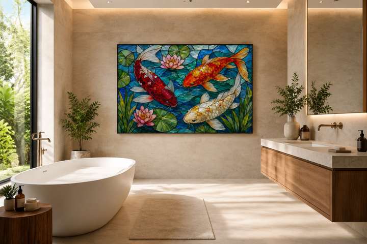 Koi fish stained glass style framed canvas wall art hanging in a modern bathroom above a bathtub.