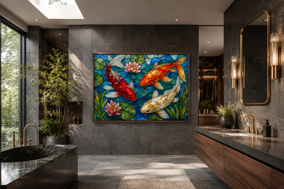Koi fish in stained glass style framed canvas wall art hanging in a modern dark stone bathroom.