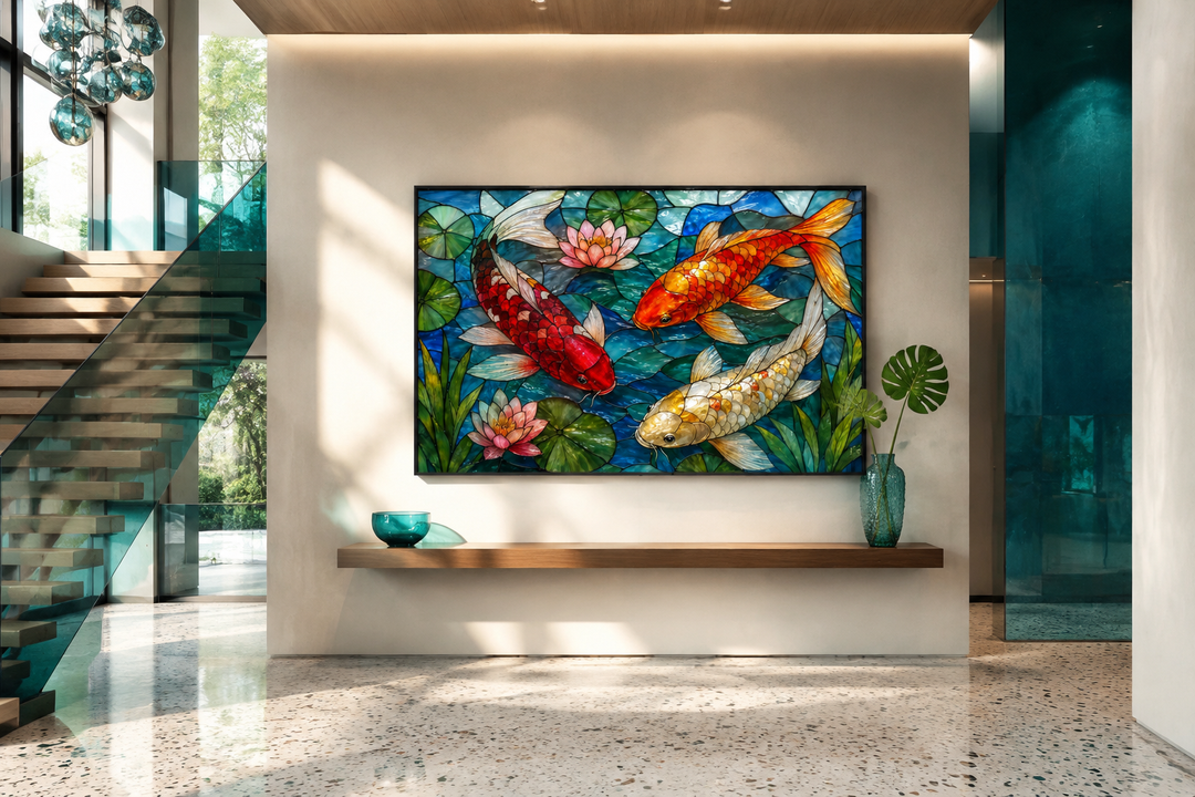 Framed canvas wall art of three koi fish in a vibrant stained glass style above a wooden shelf.
