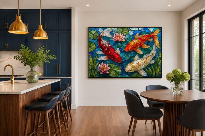 Koi fish in stained glass style framed canvas wall art hanging in a modern dining and kitchen area.