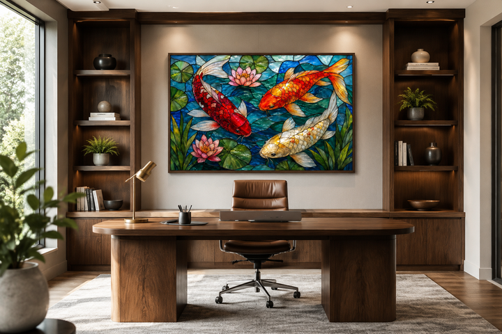 Koi fish in stained glass style framed canvas wall art hanging above a desk in a modern office.