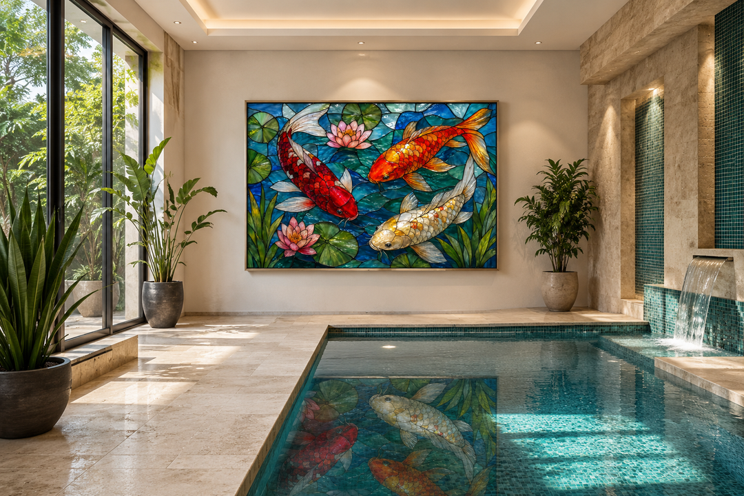 Framed canvas wall art of three koi fish in a vibrant stained glass style above an indoor pool.