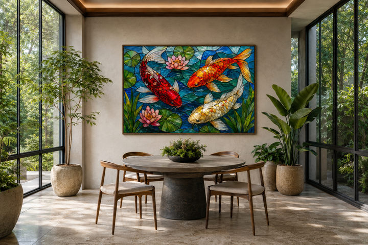 Framed canvas wall art of three koi fish in a vibrant stained glass style above a dining table.