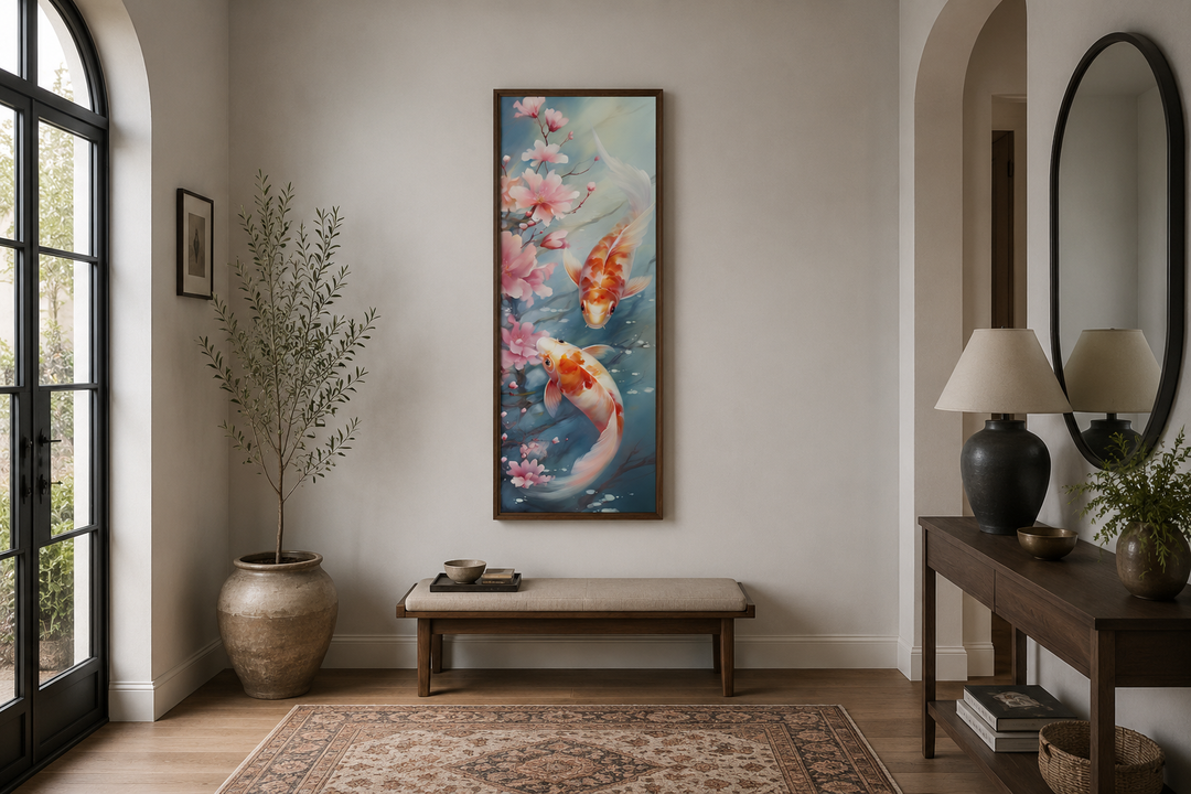 Tall narrow vertical framed canvas wall art featuring two koi fish and pink cherry blossoms.