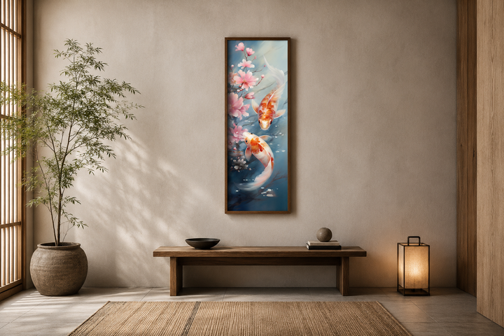 Tall narrow vertical framed canvas wall art featuring koi fish and cherry blossoms in a Zen room.