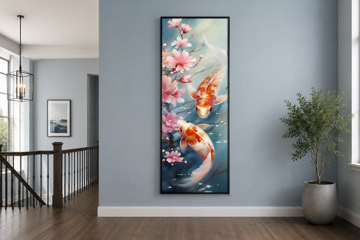 Tall narrow vertical framed canvas wall art featuring two koi fish and pink cherry blossoms.