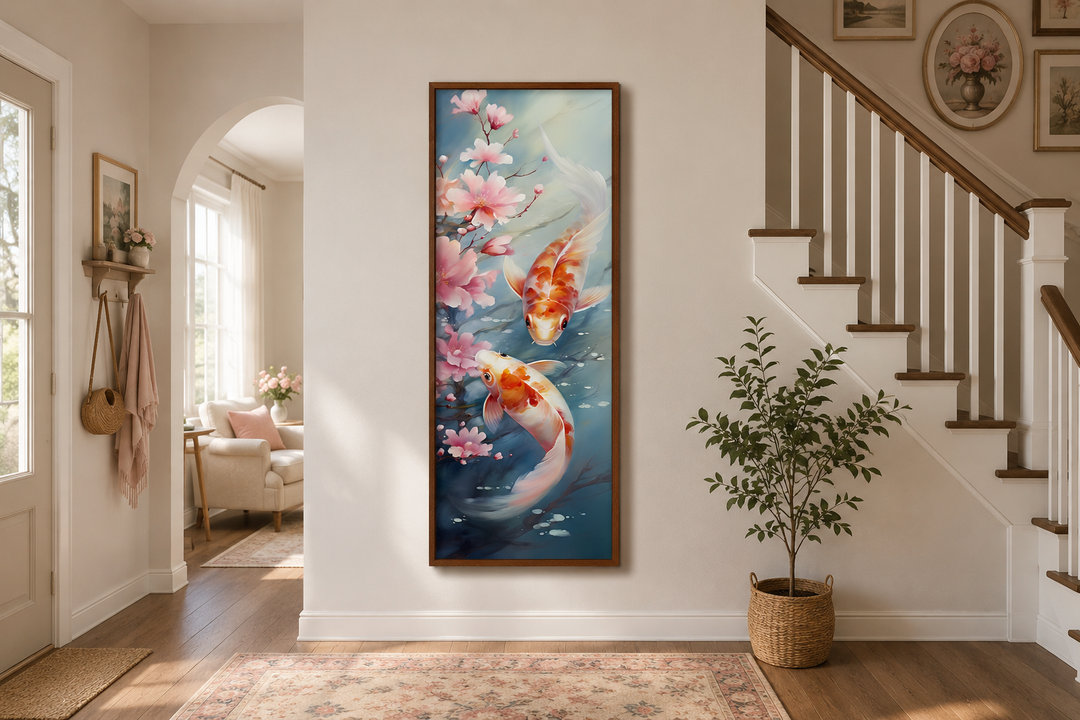 Tall narrow vertical framed canvas wall art of koi fish swimming among pink blossoms in a hallway.