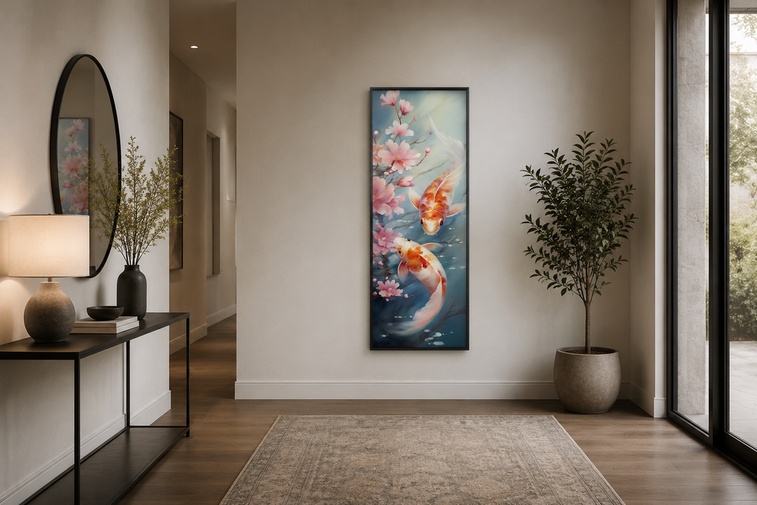 Tall narrow vertical framed canvas wall art featuring koi fish and cherry blossoms in a hallway.