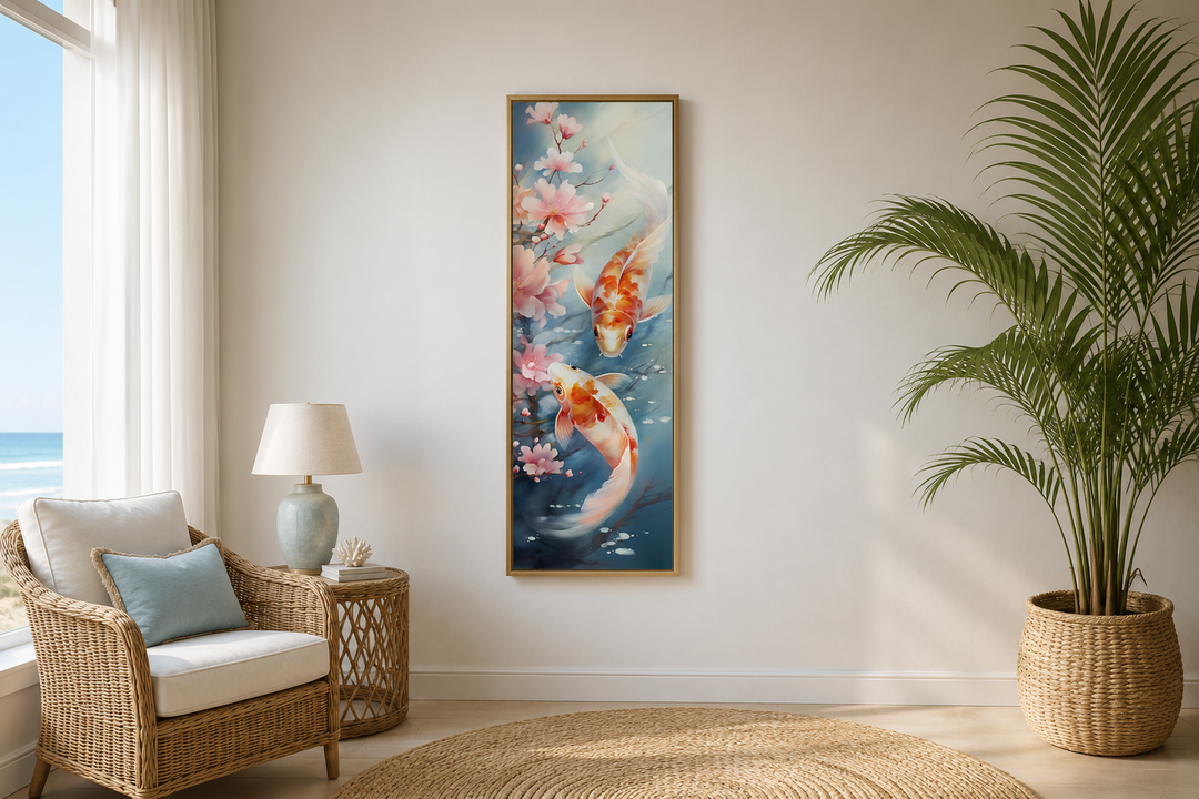 Tall narrow vertical framed canvas wall art featuring two koi fish and pink cherry blossoms.