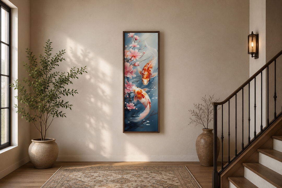 Tall narrow vertical framed canvas wall art featuring koi fish and cherry blossoms in a Zen style.