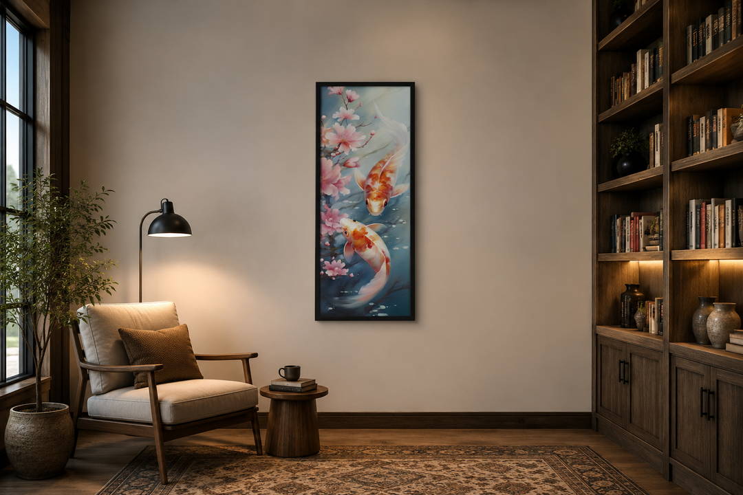 Tall narrow vertical framed canvas wall art of koi fish and cherry blossoms in a cozy room setting.