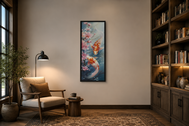 Tall narrow vertical framed canvas wall art of koi fish and cherry blossoms in a cozy room setting.