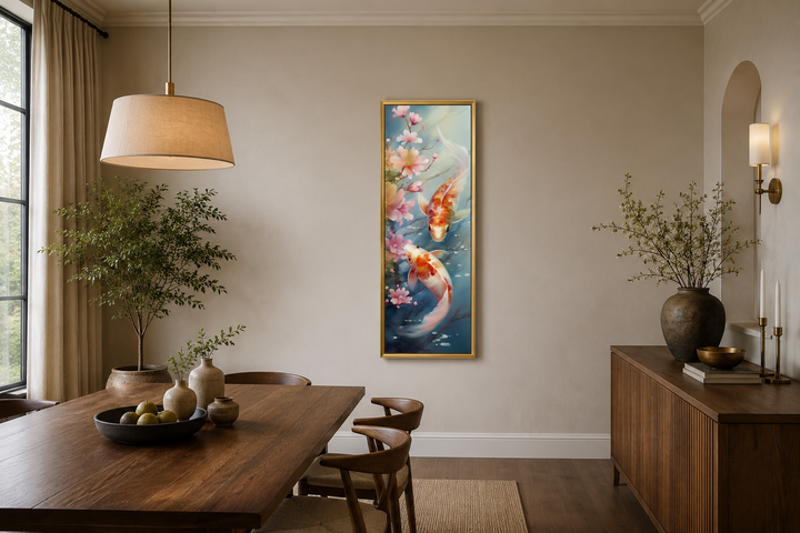 Tall narrow vertical framed canvas wall art featuring two koi fish swimming among pink blossoms.