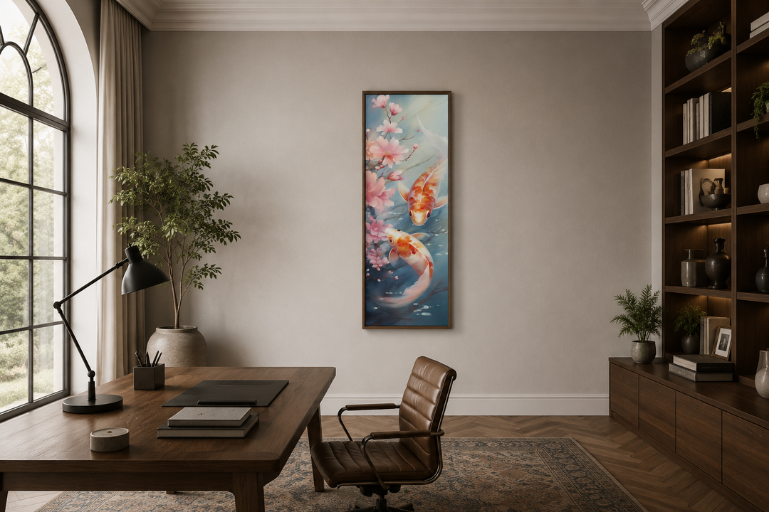 Tall narrow vertical framed canvas wall art of koi fish and cherry blossoms in a home office.