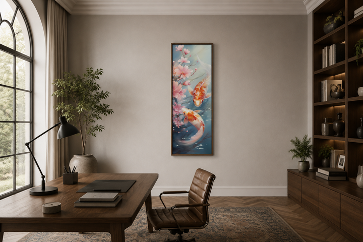 Tall narrow vertical framed canvas wall art of koi fish and cherry blossoms in a home office.