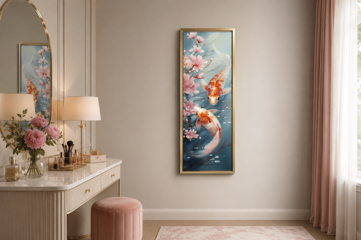 Tall narrow vertical framed canvas wall art featuring two koi fish and pink cherry blossoms.