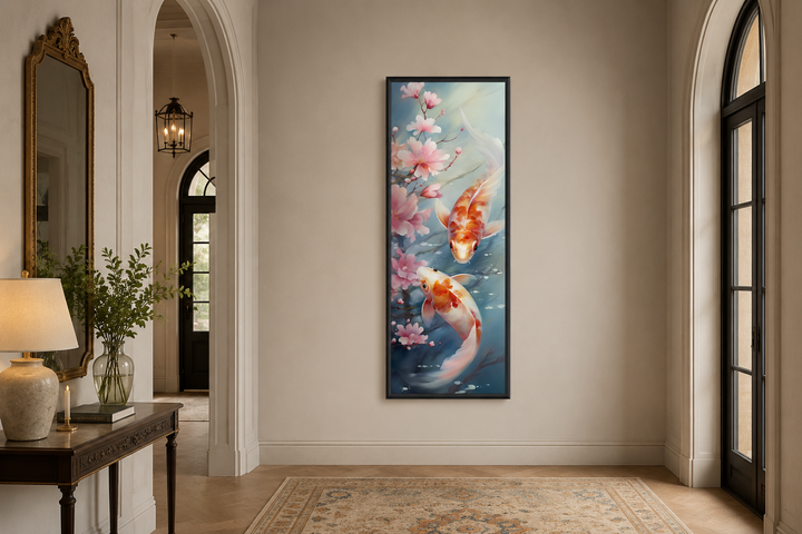 Tall narrow vertical framed canvas wall art featuring two koi fish and pink cherry blossoms.