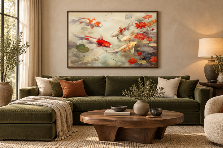 Framed koi fish canvas art above a green sofa in a Zen-style living room with a wooden coffee table.
