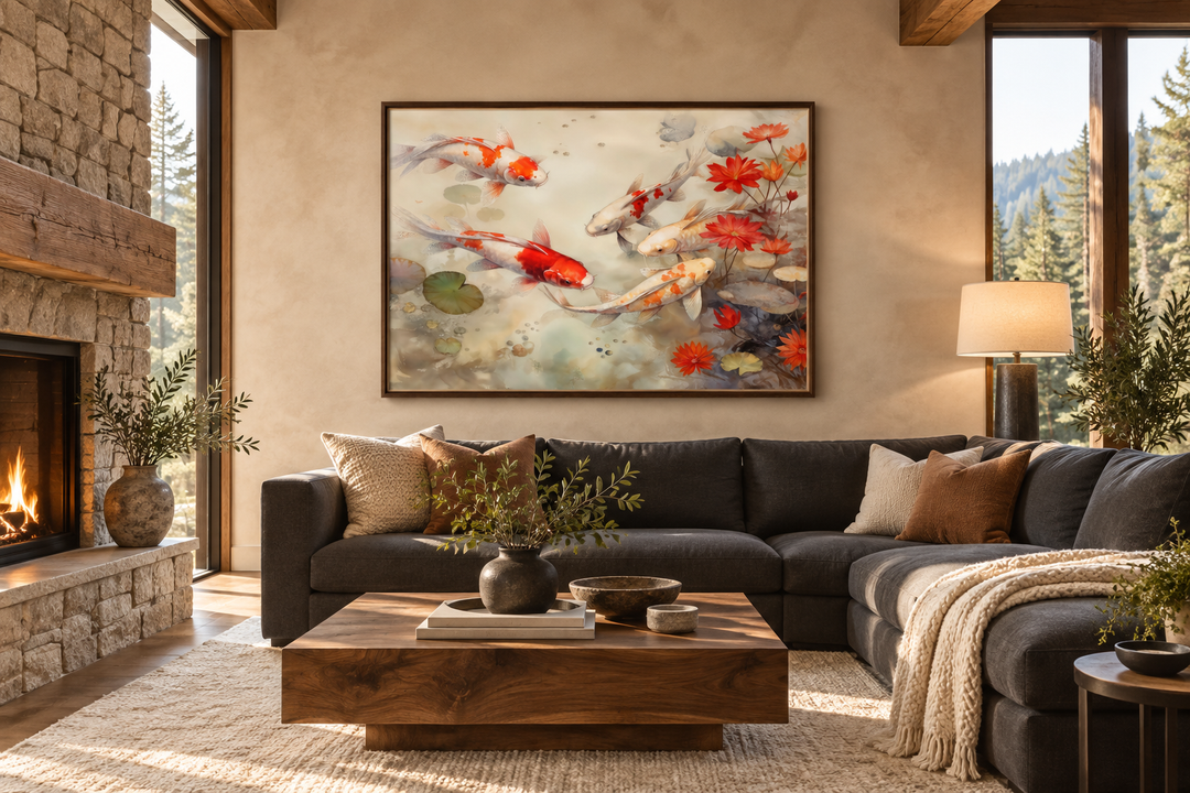 Koi fish in a sage green pond zen framed canvas wall art hanging above a dark grey sectional sofa.