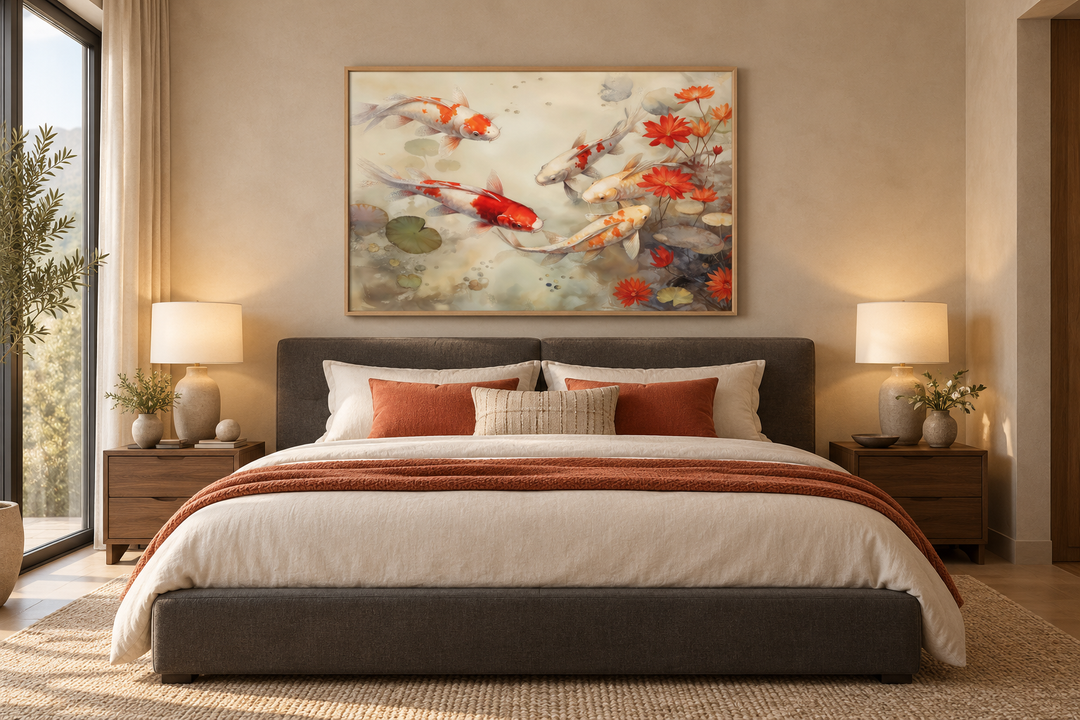 Framed canvas wall art of koi fish swimming in a sage green pond above a bed in a modern bedroom.