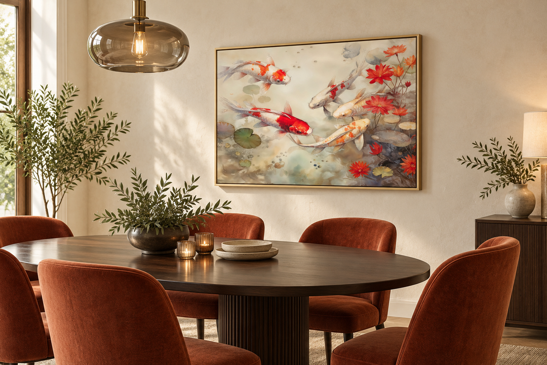 Framed canvas wall art of koi fish swimming in a sage green pond above a modern dining table.