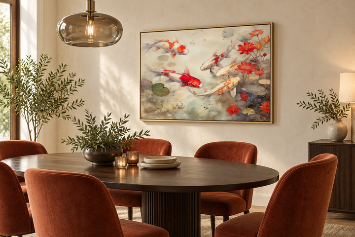Framed canvas wall art of koi fish swimming in a sage green pond above a modern dining table.