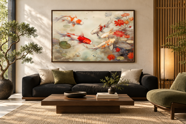 Koi fish in sage green pond zen framed canvas wall art hanging above a black sofa in a living room.